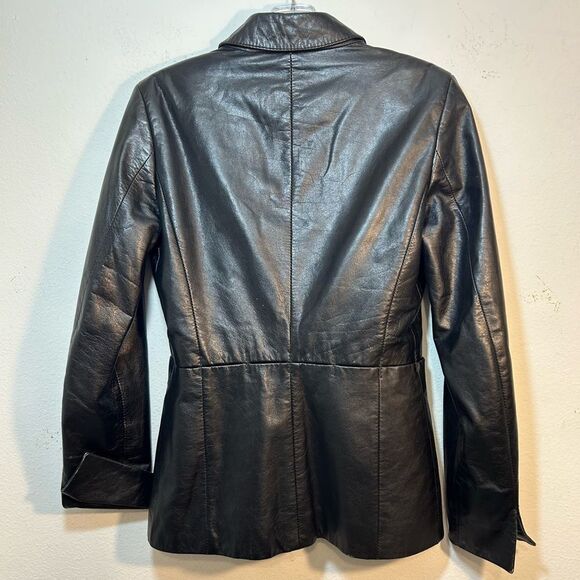 EXTE COLLEZIONE VERSACE WOMANS LEATHER JACKET BLAZER 42 US 6 BLACK ITALY CUT OUT - Picture 7 of 16